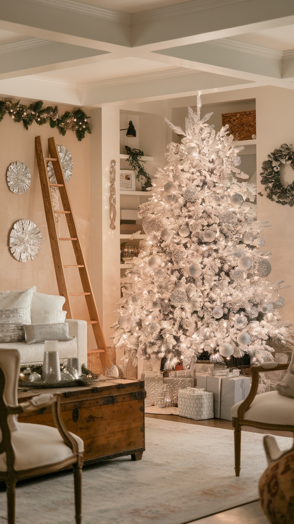 A beautifully decorated white Christmas tree with silver ornaments and warm lights, surrounded by festive decor.