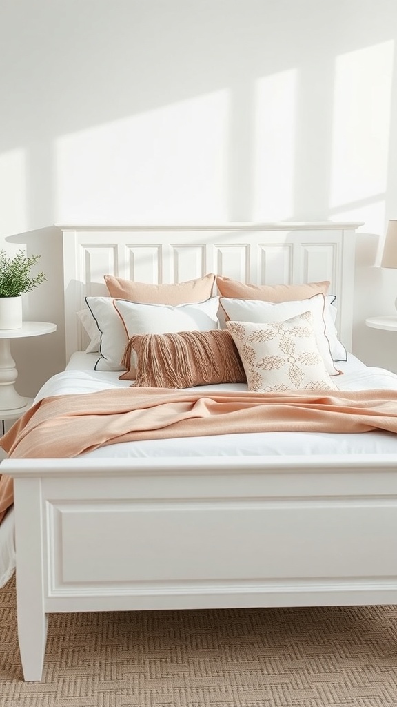 A stylish white bed frame with decorative pillows and a cozy blanket in a bright bedroom