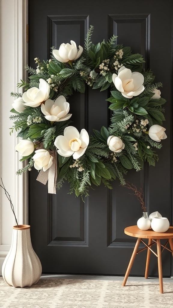 A winter wreath featuring white magnolia flowers on a dark door, surrounded by greenery.