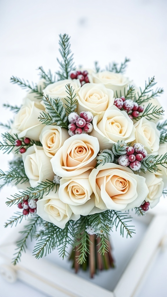 Winter wedding bouquet featuring white roses, pine, and frosted red berries