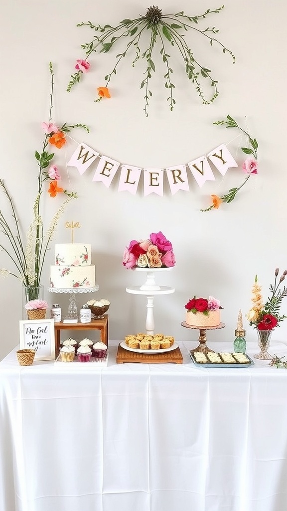 Elegant dessert table designed for a wildflower bridal shower with a variety of desserts and floral decorations.