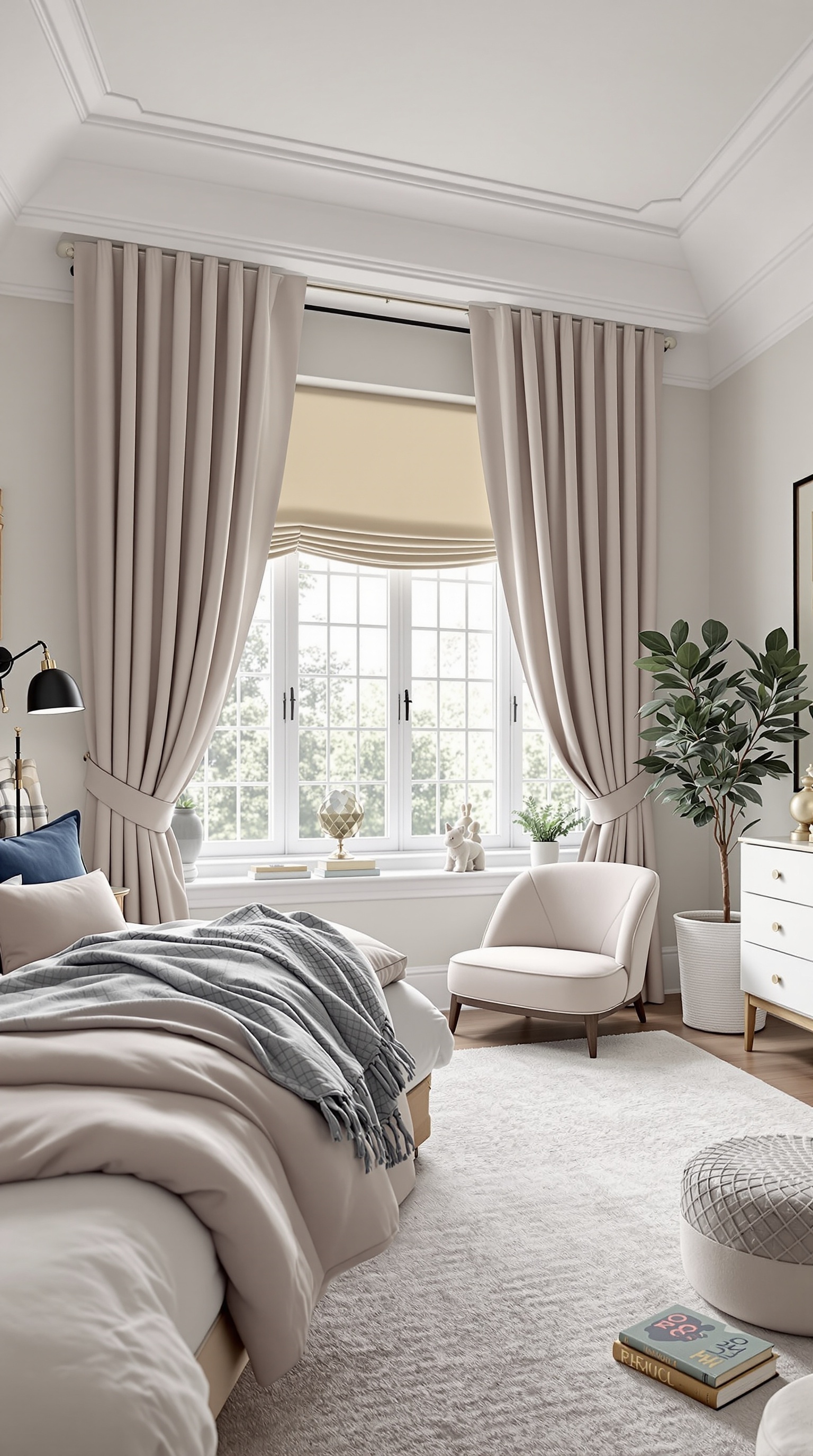 A luxurious kids bedroom featuring elegant window treatments with soft curtains and a roller shade.