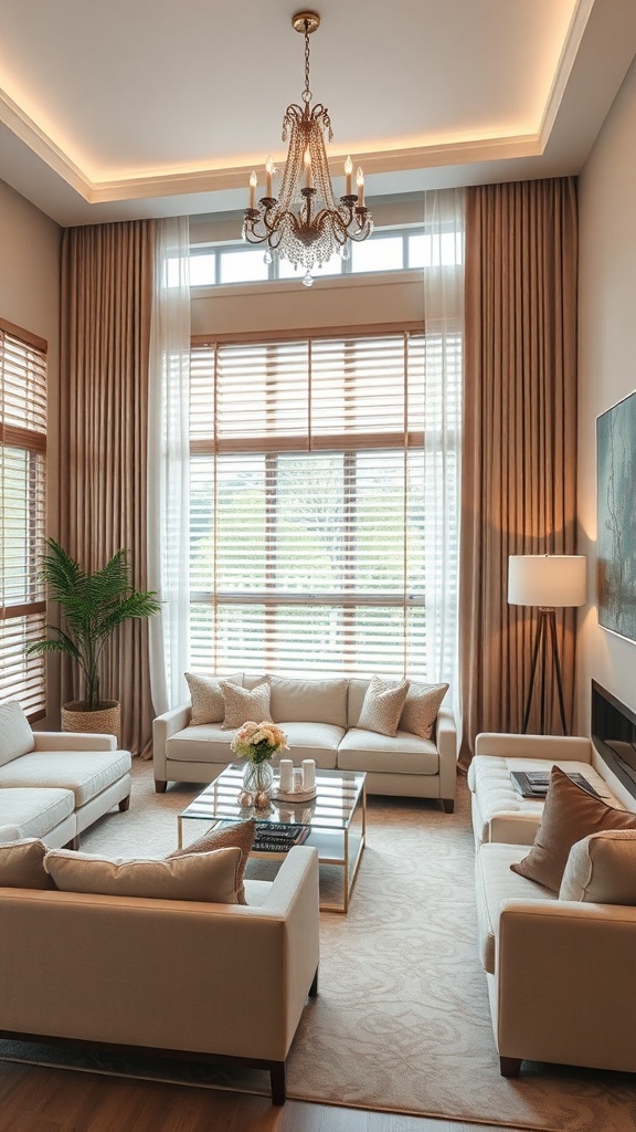 Cozy luxury living room with elegant window treatments, featuring sheer and solid curtains, wooden blinds, and a stylish chandelier.