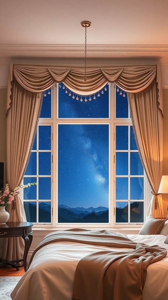 A romantic academia bedroom featuring elegant window treatments with soft drapes framing a starry night view.