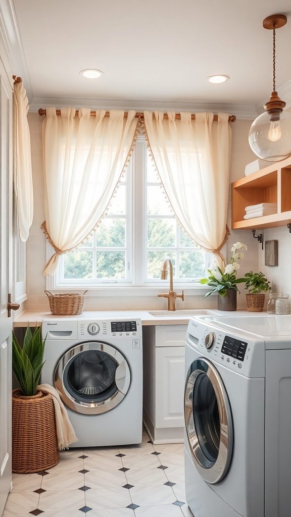 A bright laundry room featuring soft sheer curtains, a modern sink, and stylish decor.