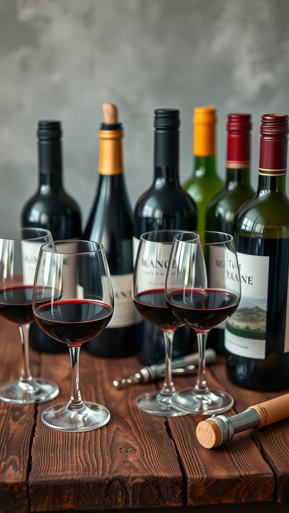 An elegant wine tasting set featuring several wine bottles and glasses on a wooden table.