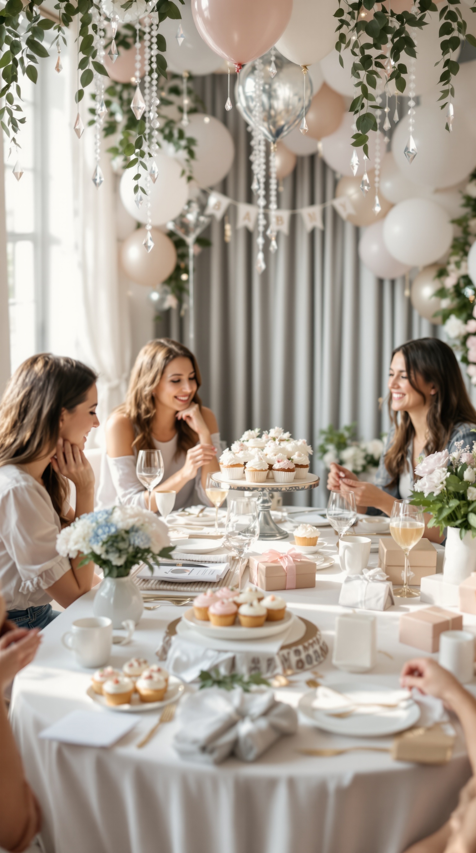 A cozy winter baby shower setup with cupcakes, flowers, and elegant decorations.