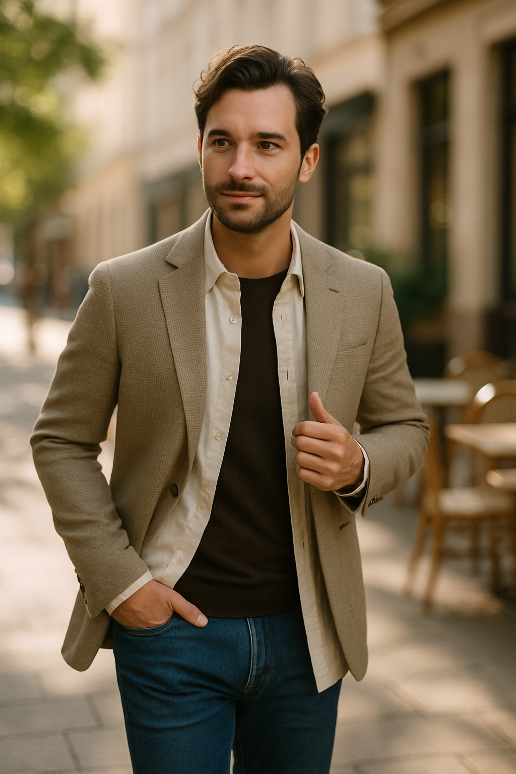 A man in a stylish outfit featuring a blazer and slacks, walking confidently in an urban setting.