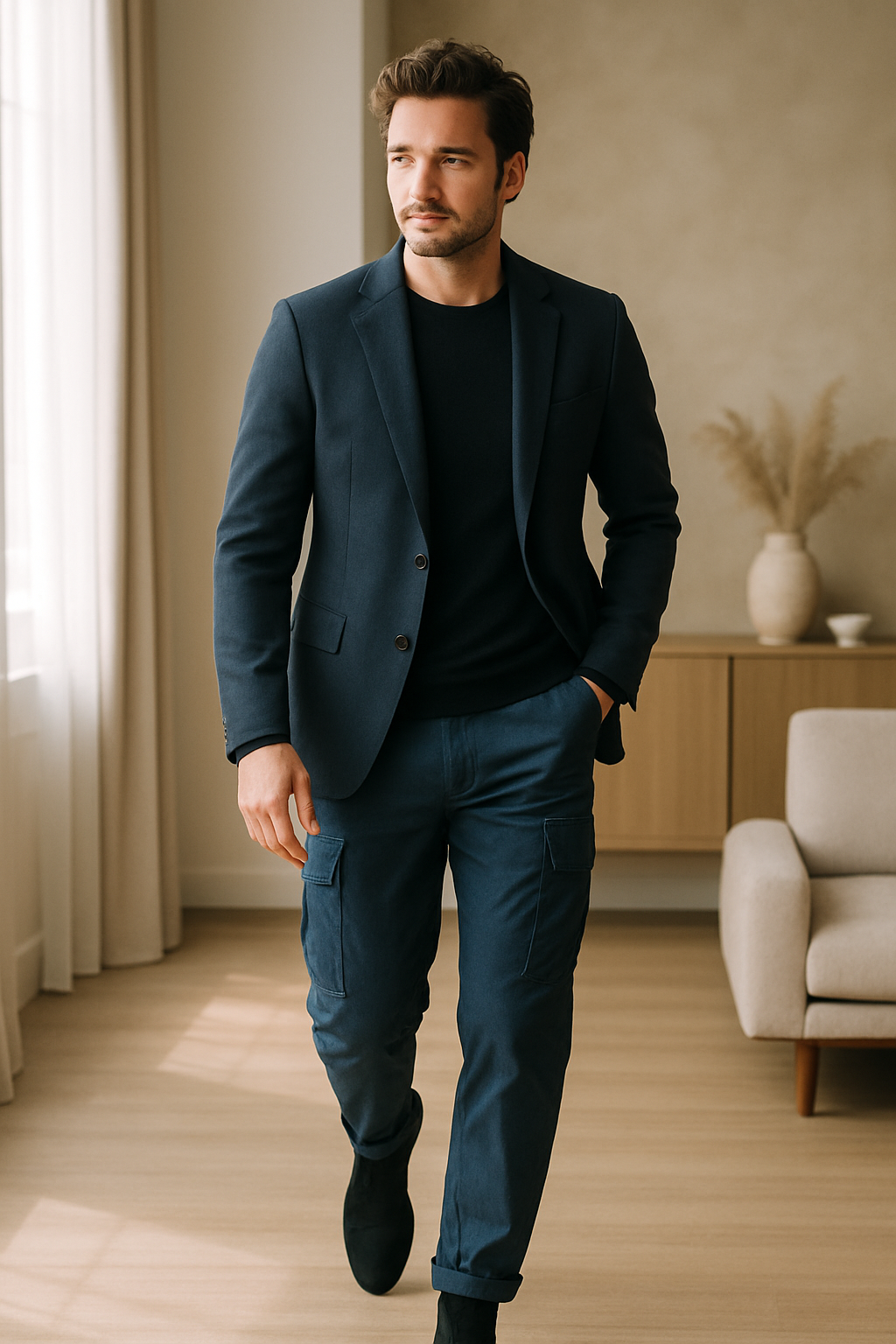 A man wearing tailored blue cargo pants with a black top and blazer, walking confidently in a stylish indoor setting.