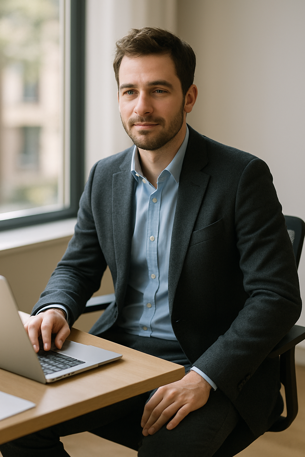 A man wearing a charcoal blazer and light blue shirt, sitting at a desk with a laptop.