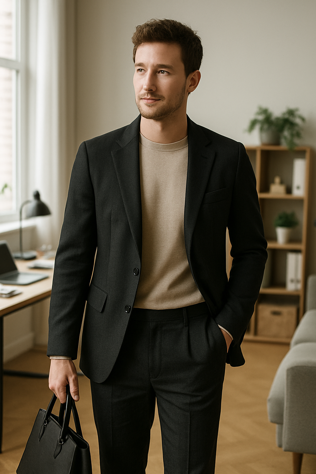 A man wearing a black blazer over a neutral shirt, paired with black linen trousers, standing confidently in an office setting.