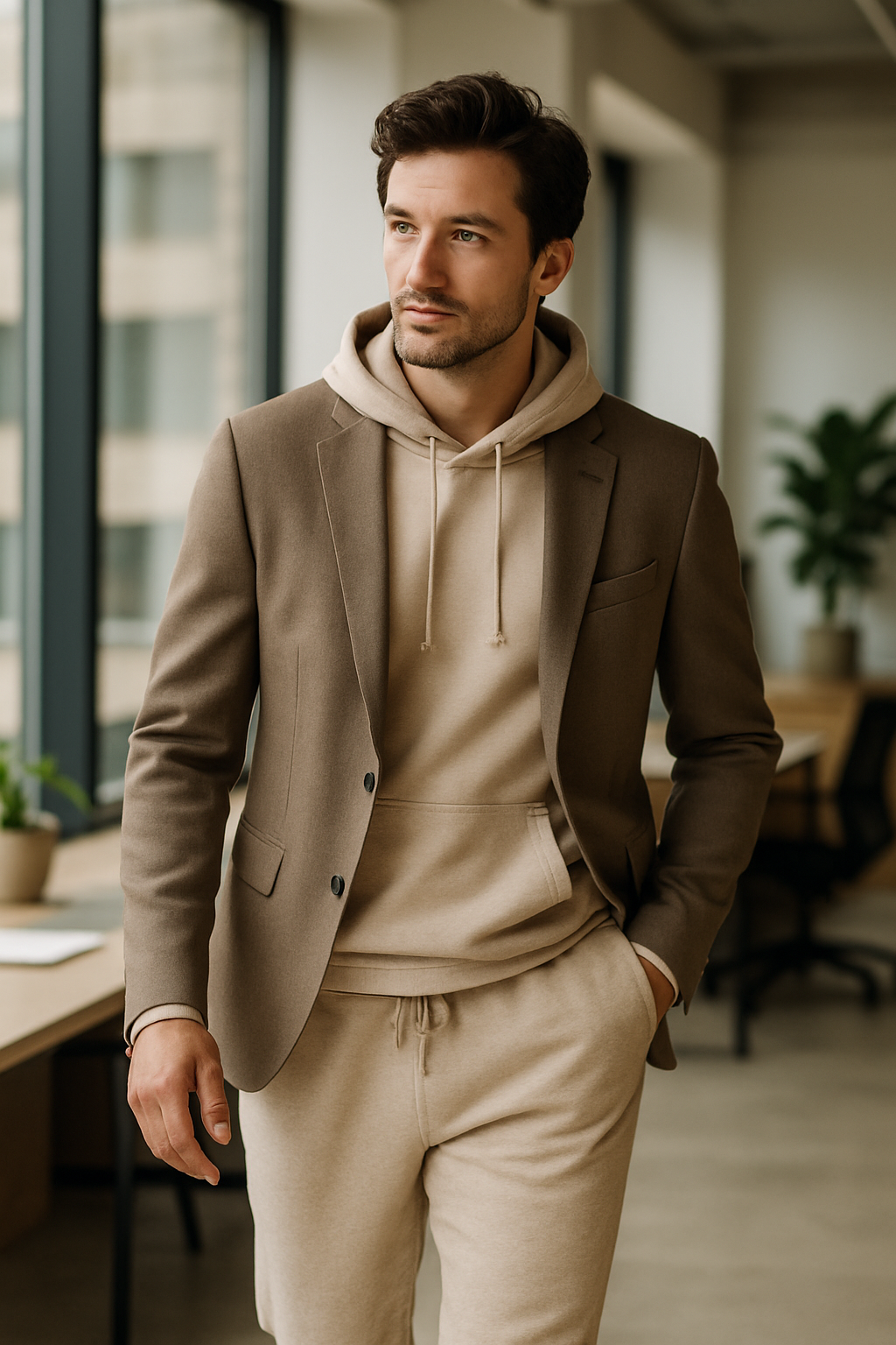 A man wearing beige sweatpants with a beige hoodie and a tailored blazer, standing in a modern office space.