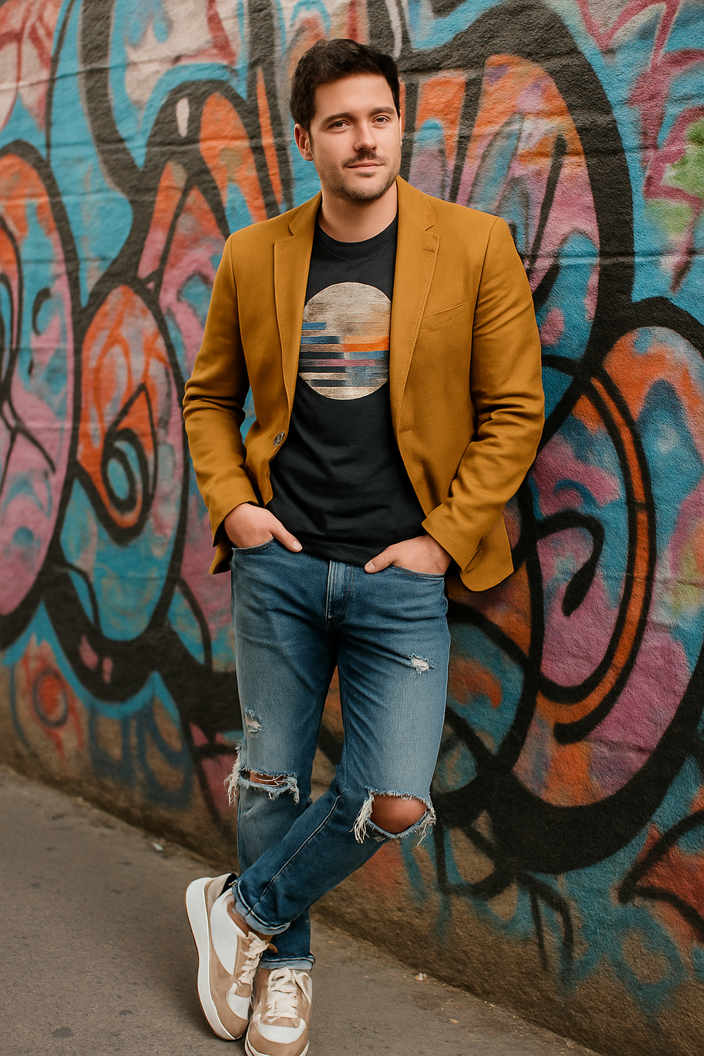 A man wearing a mustard blazer, black graphic tee, and distressed jeans, standing in front of a colorful graffiti wall.