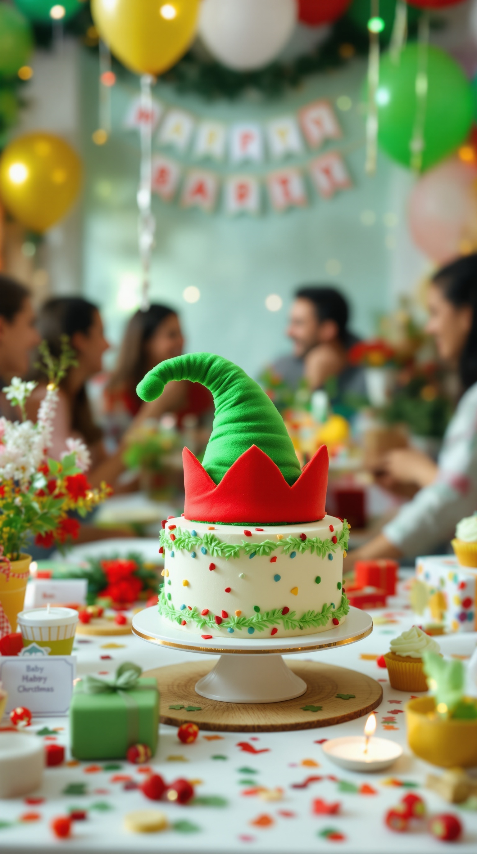 A festive elf hat cake decorated with colorful icing and surrounded by party decorations.