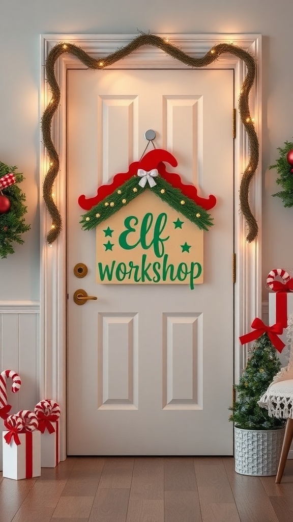 A festive door decorated with an Elf Workshop sign, garlands, and candy cane decorations.