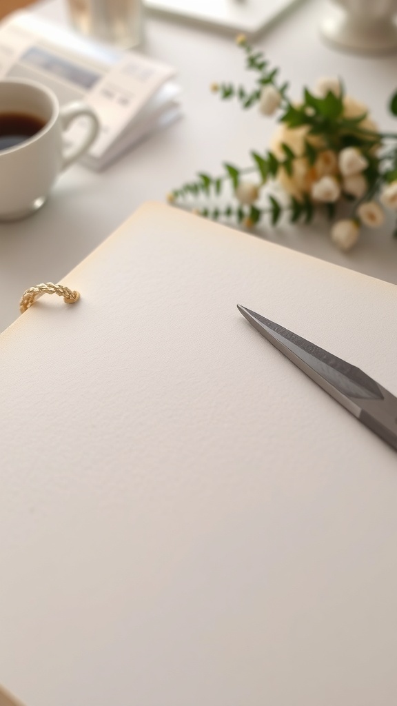 A blank diary with scissors and a cup of coffee on a table.