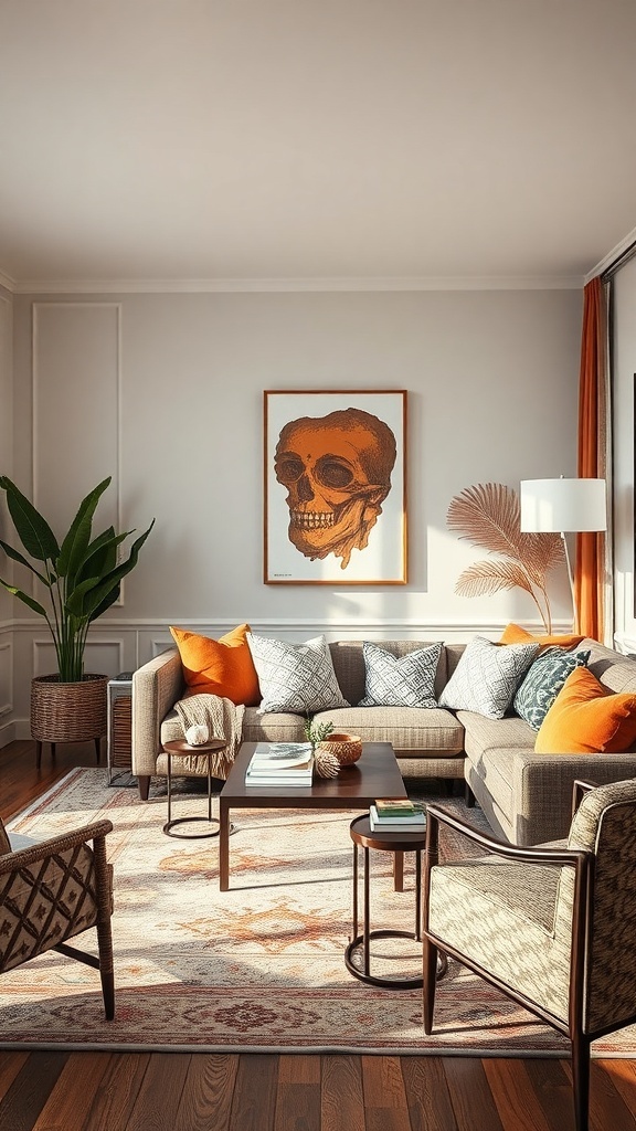 A cozy living room featuring bold patterns and textures, with a skull artwork, colorful pillows, and a warm rug.