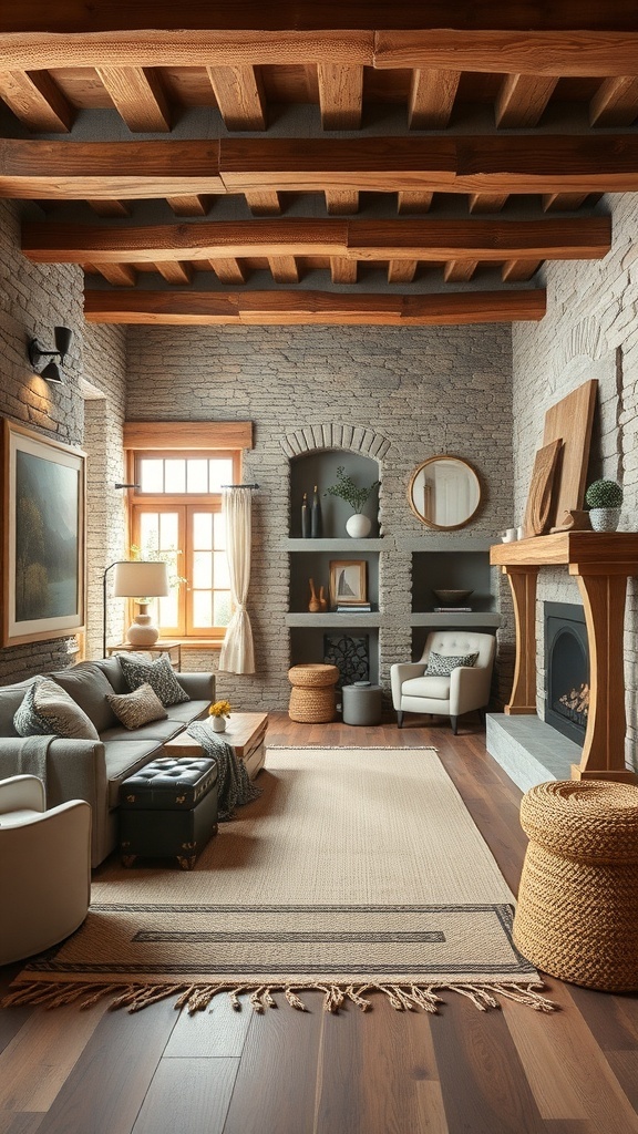 A rustic living room featuring wooden beams, stone walls, and natural materials.