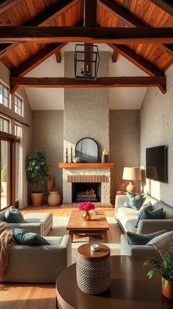 A rustic living room featuring wooden beams, a stone fireplace, and cozy furniture.