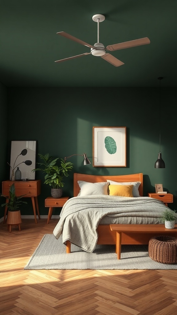 A cozy bedroom with dark green walls, wooden furniture, and plants.