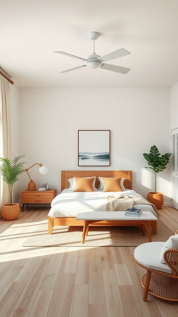 A simple, airy bedroom featuring a wooden bed, natural light, and minimal decor.