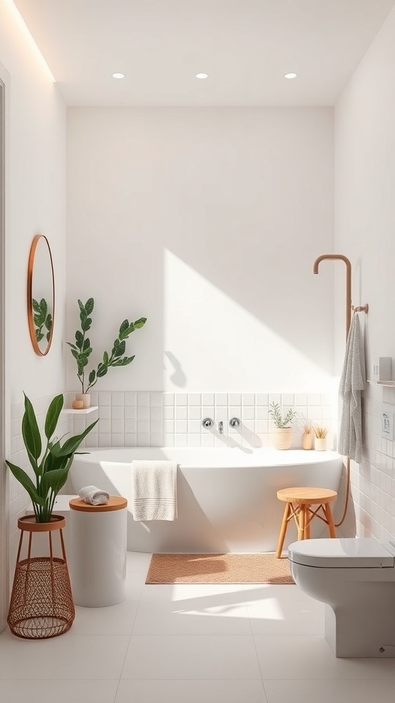 A minimalist small bathroom featuring a bathtub, plants, and natural light.