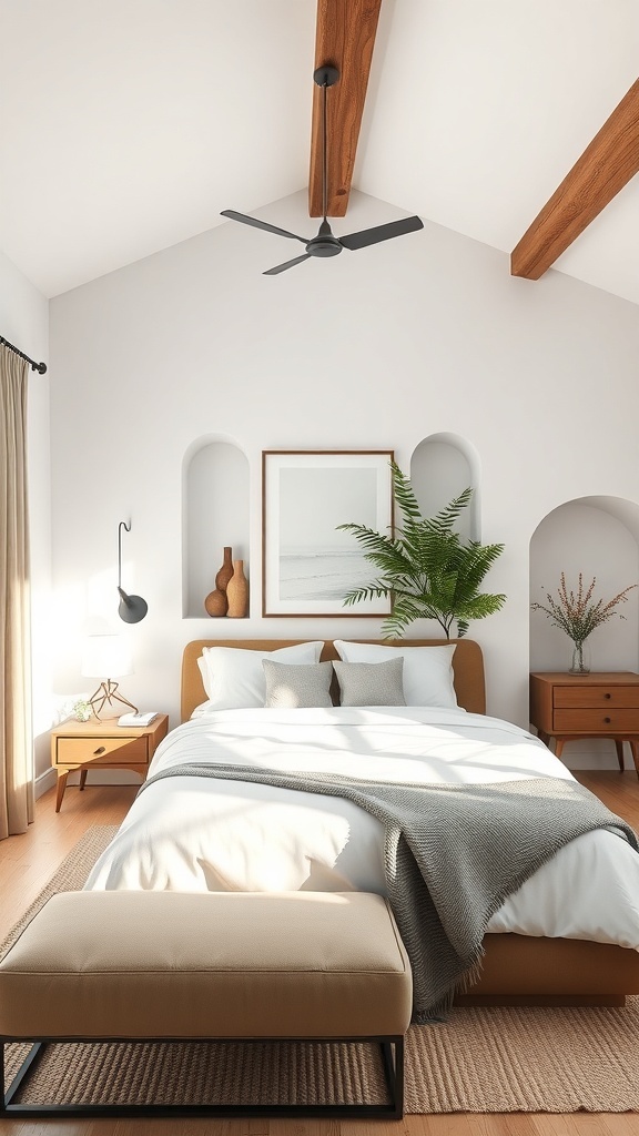 A minimalist bedroom featuring high ceilings with wooden beams, a cozy bed, and decorative elements.