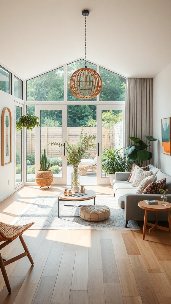 Cozy boho living room with large glass doors opening to a garden