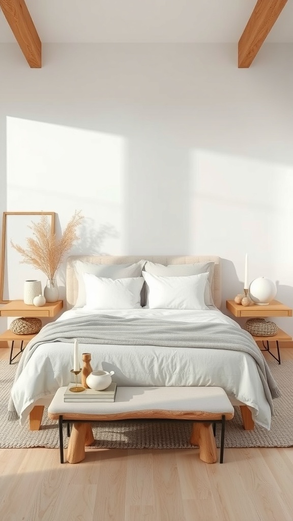 A neutral bedroom featuring a cozy bed with light linens, wooden furniture, and natural decor elements.