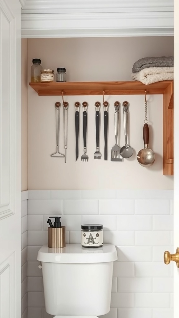 A bathroom with a neatly organized closet containing magnetic strips for hanging small tools.