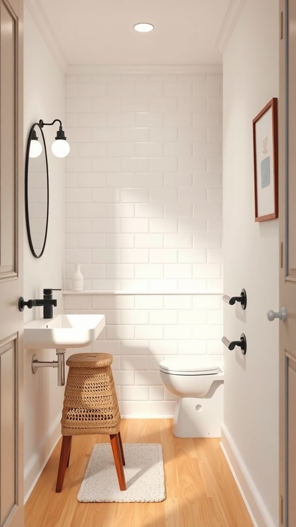 A narrow bathroom featuring a wall-mounted sink, a woven stool, and stylish lighting.