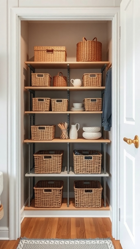 A well-organized closet featuring multiple under-shelf baskets for storage.