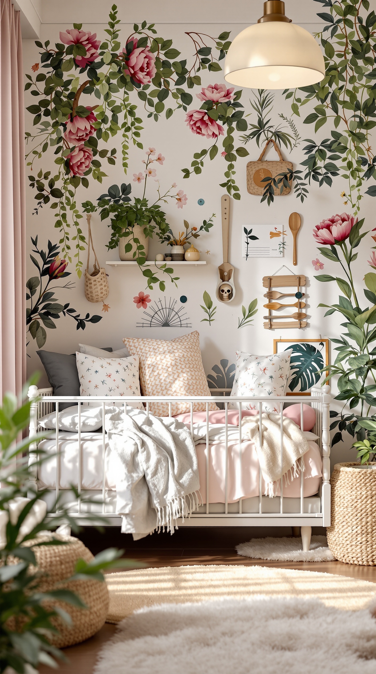 A beautifully decorated toddler bedroom featuring floral murals, cozy bedding, and natural decor elements.