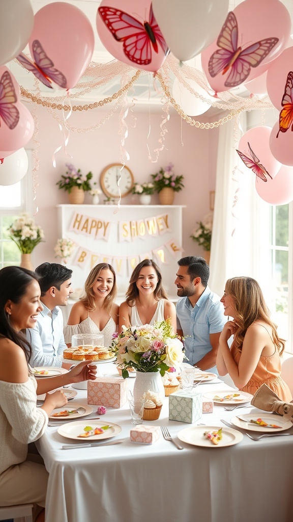 A group of friends celebrating a butterfly-themed baby shower with decorations and a beautifully set table.