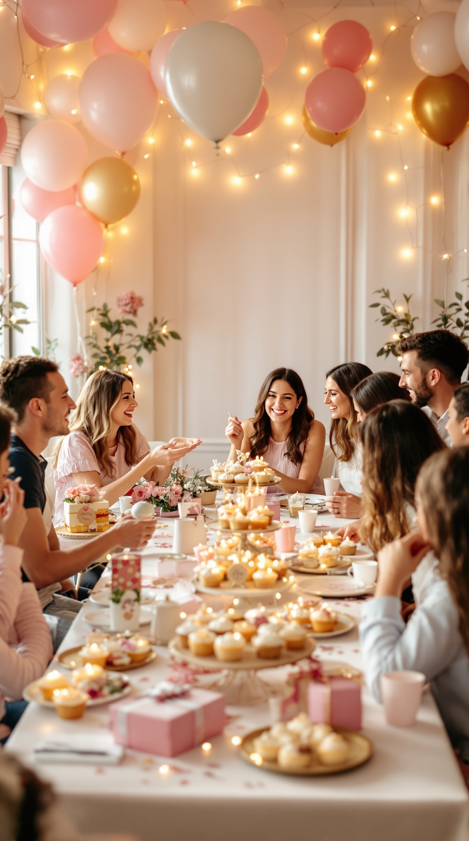 A beautifully decorated table for a Christmas baby shower, featuring string lights, balloons, and a variety of treats.