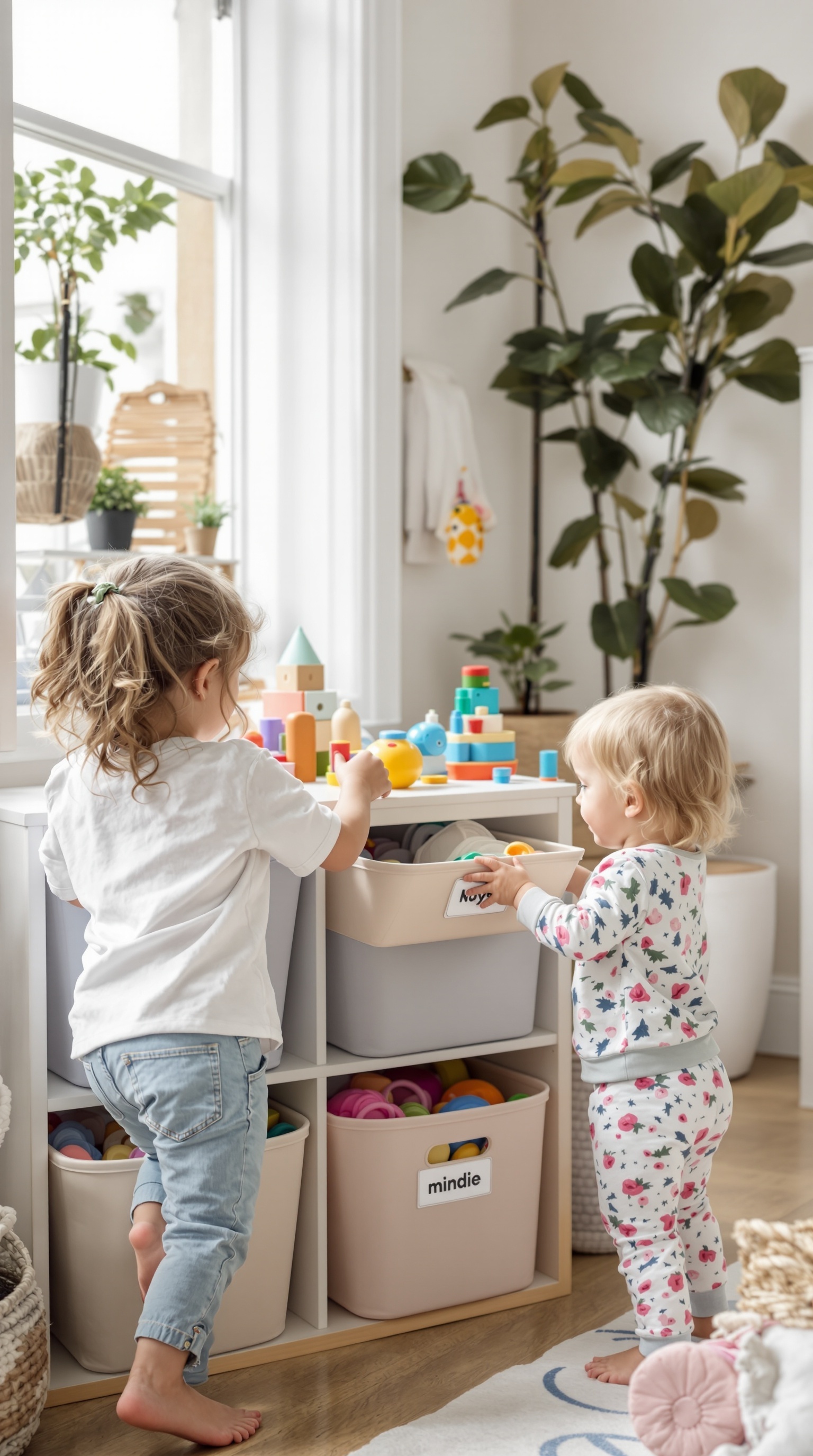 Two children organizing colorful toys in a bright playroom.