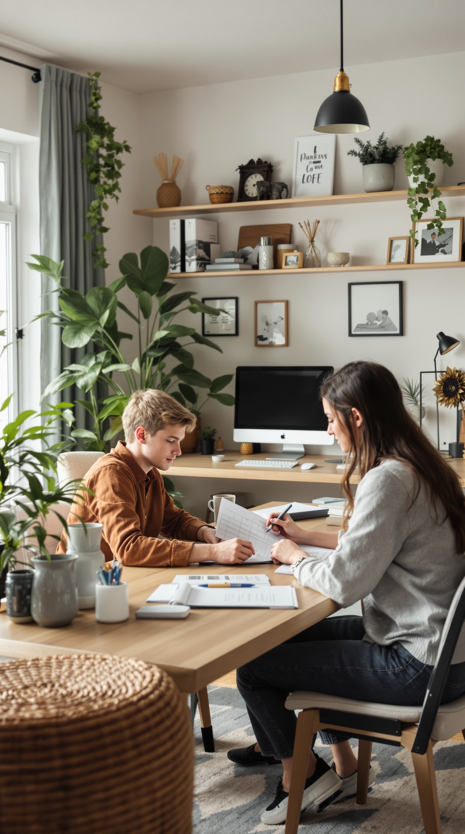 A young person and an adult sitting at a table, discussing work in a bright and plant-filled room.