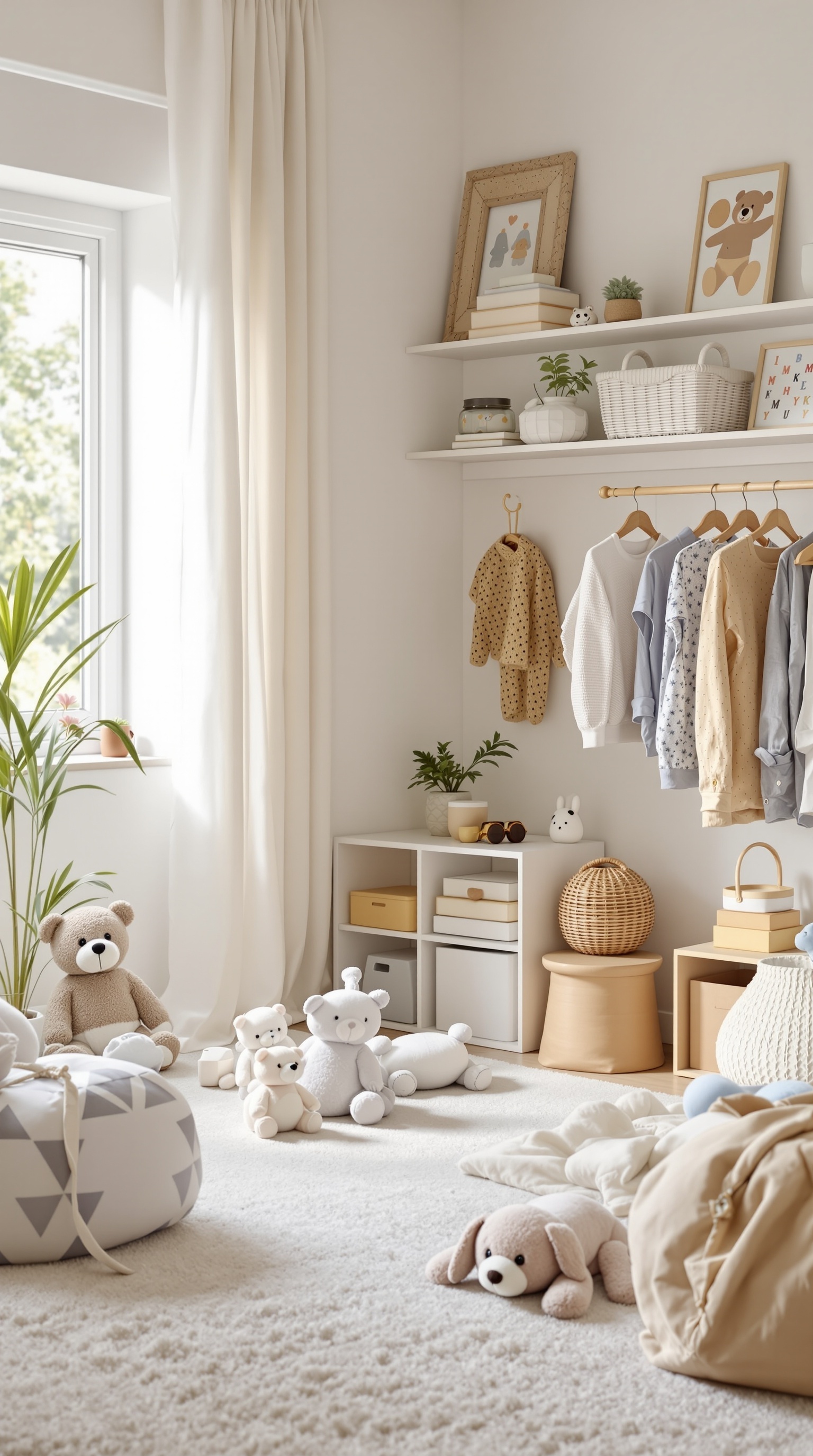 A bright toddler room with organized clothes, soft toys, and a cozy seating area.