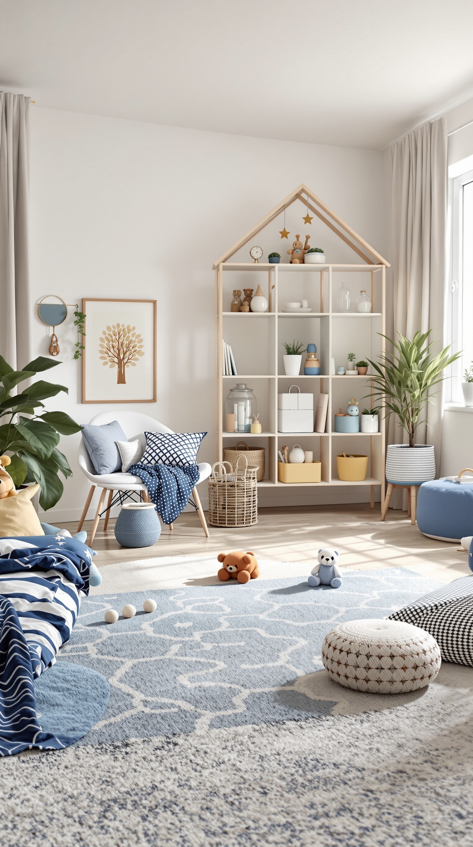 A stylish Japandi kids room featuring a cozy rug, open shelving, and a comfortable chair with decorative pillows.