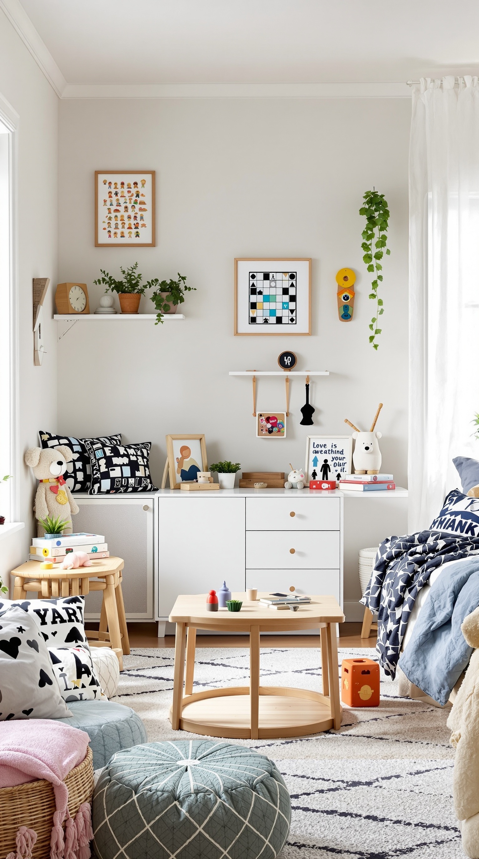 A shared bedroom for a boy and girl, featuring a cozy layout with a round table, cushions, and playful decor.
