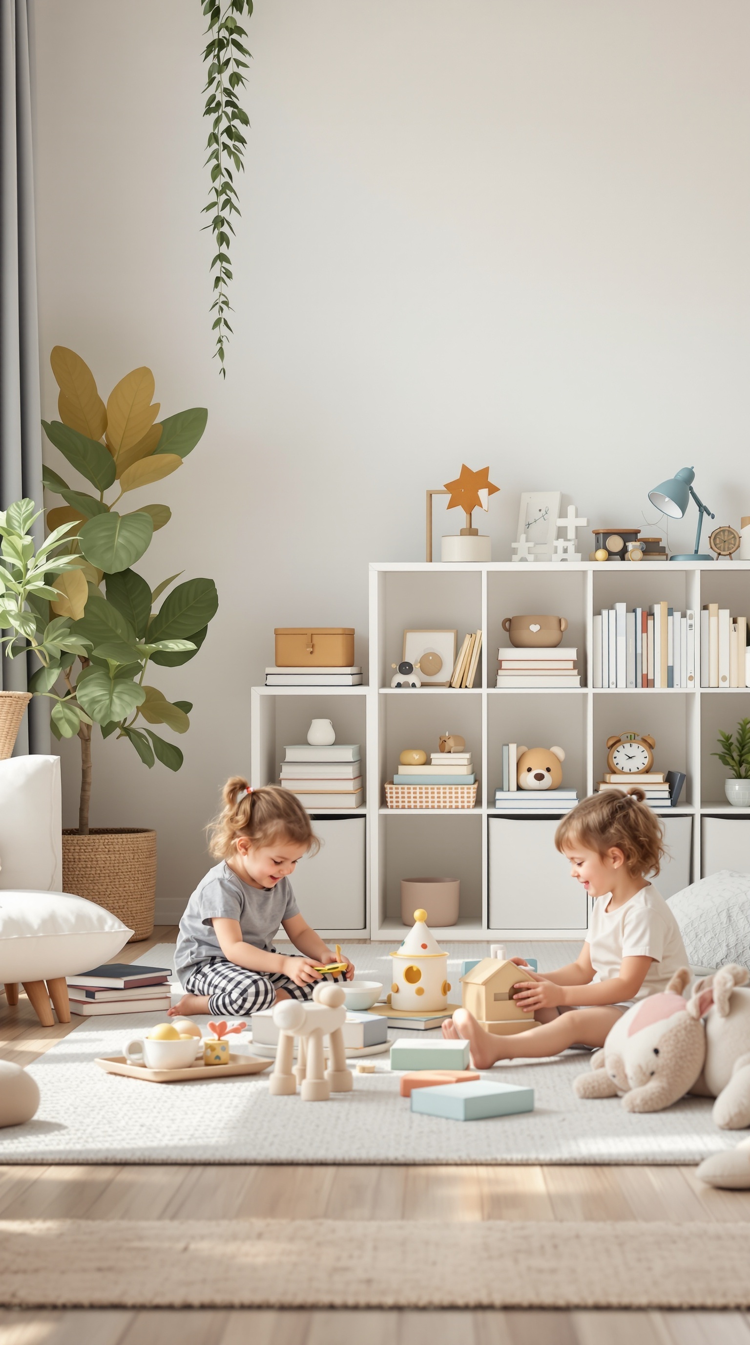 Two children playing in a well-organized room with toys and books.