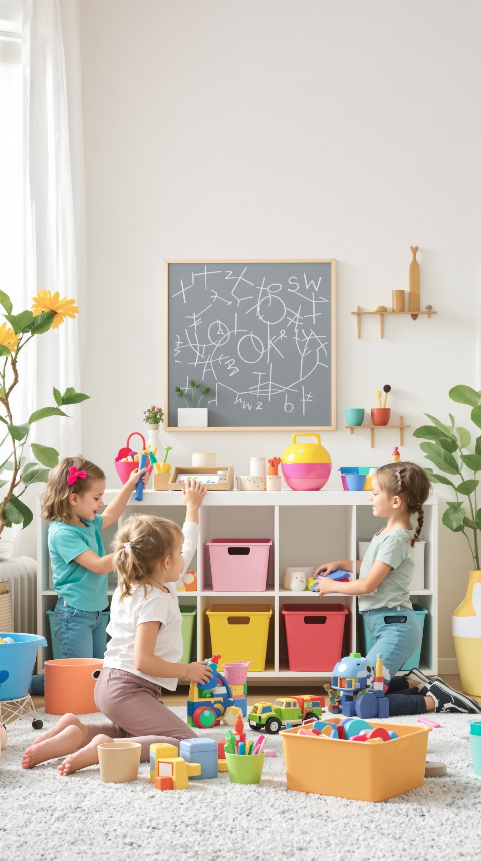 Children organizing toys in a bright playroom with colorful bins.