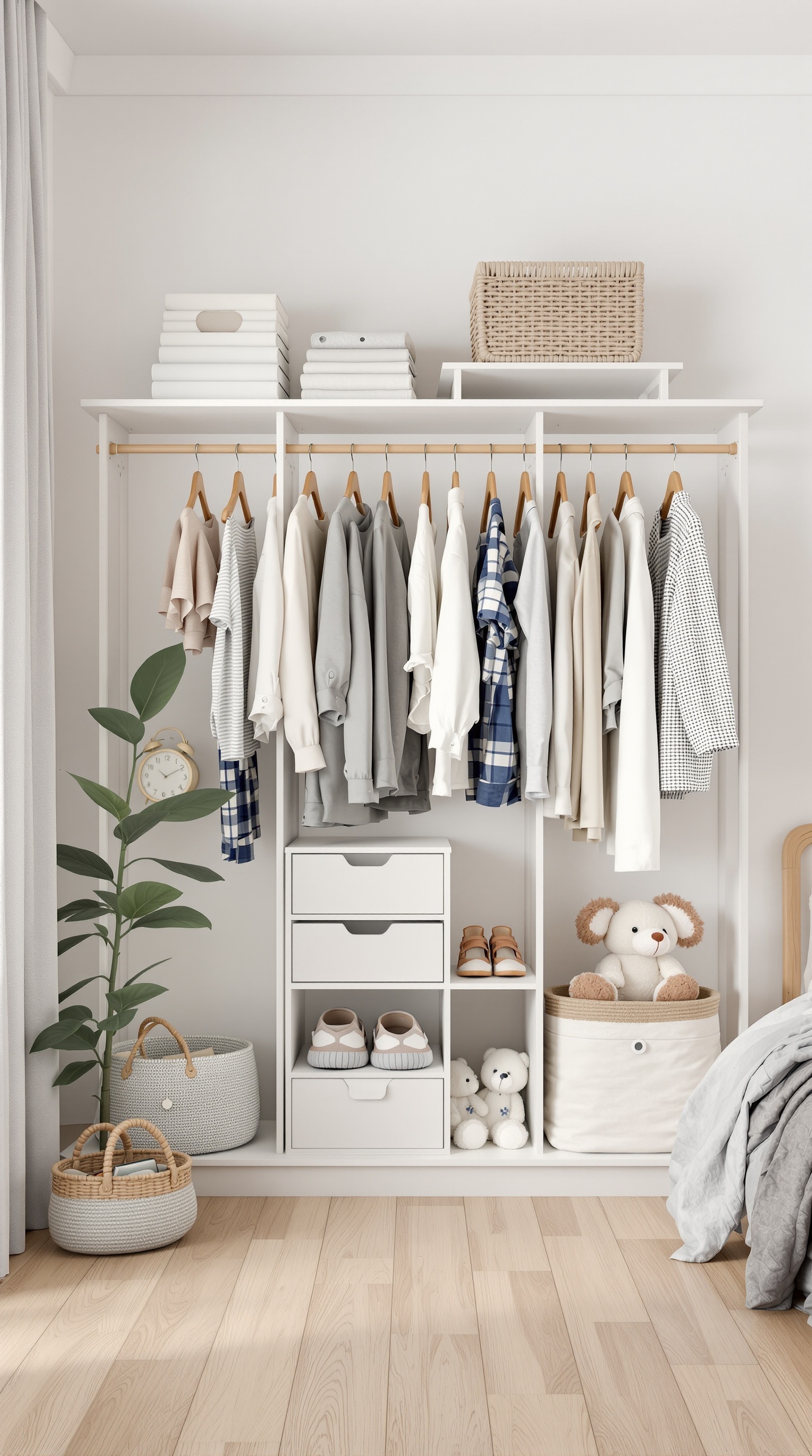 A minimalist kids' wardrobe with neatly hung clothes, organized storage, and a cozy atmosphere.