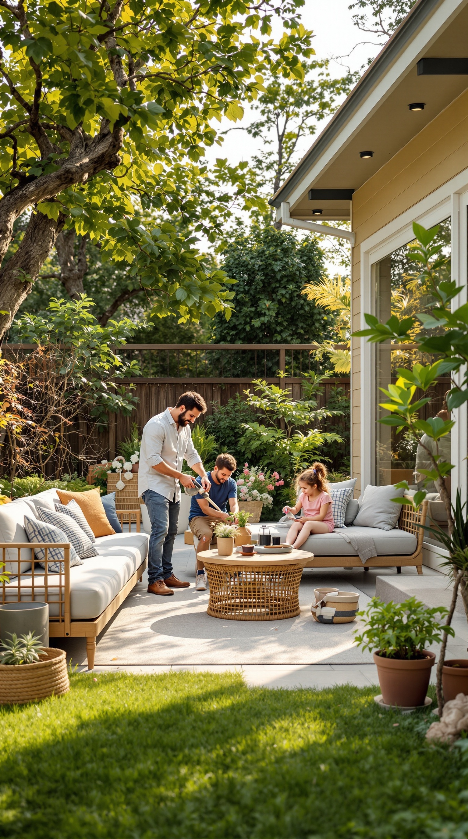 A family working together on a project in a sunny outdoor patio.