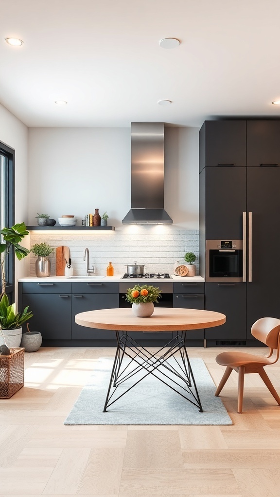 A modern kitchen featuring energy-efficient LED lighting, sleek cabinetry, and a round table.