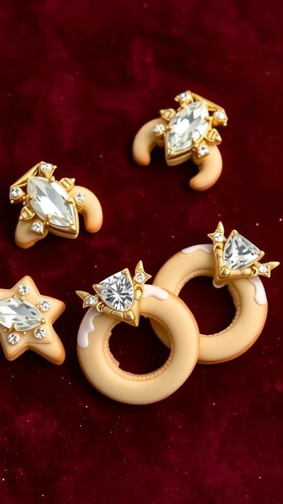 Engagement ring cookies decorated in gold and sparkling accents