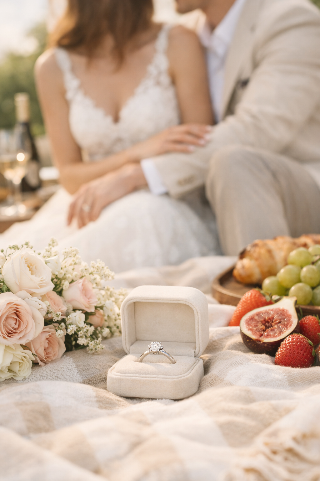 An engagement ring displayed in a velvet box, surrounded by a bouquet of flowers and picnic snacks.