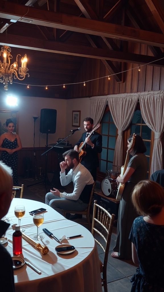 A local band performing at a wedding reception with guests enjoying their drinks and the cozy atmosphere.