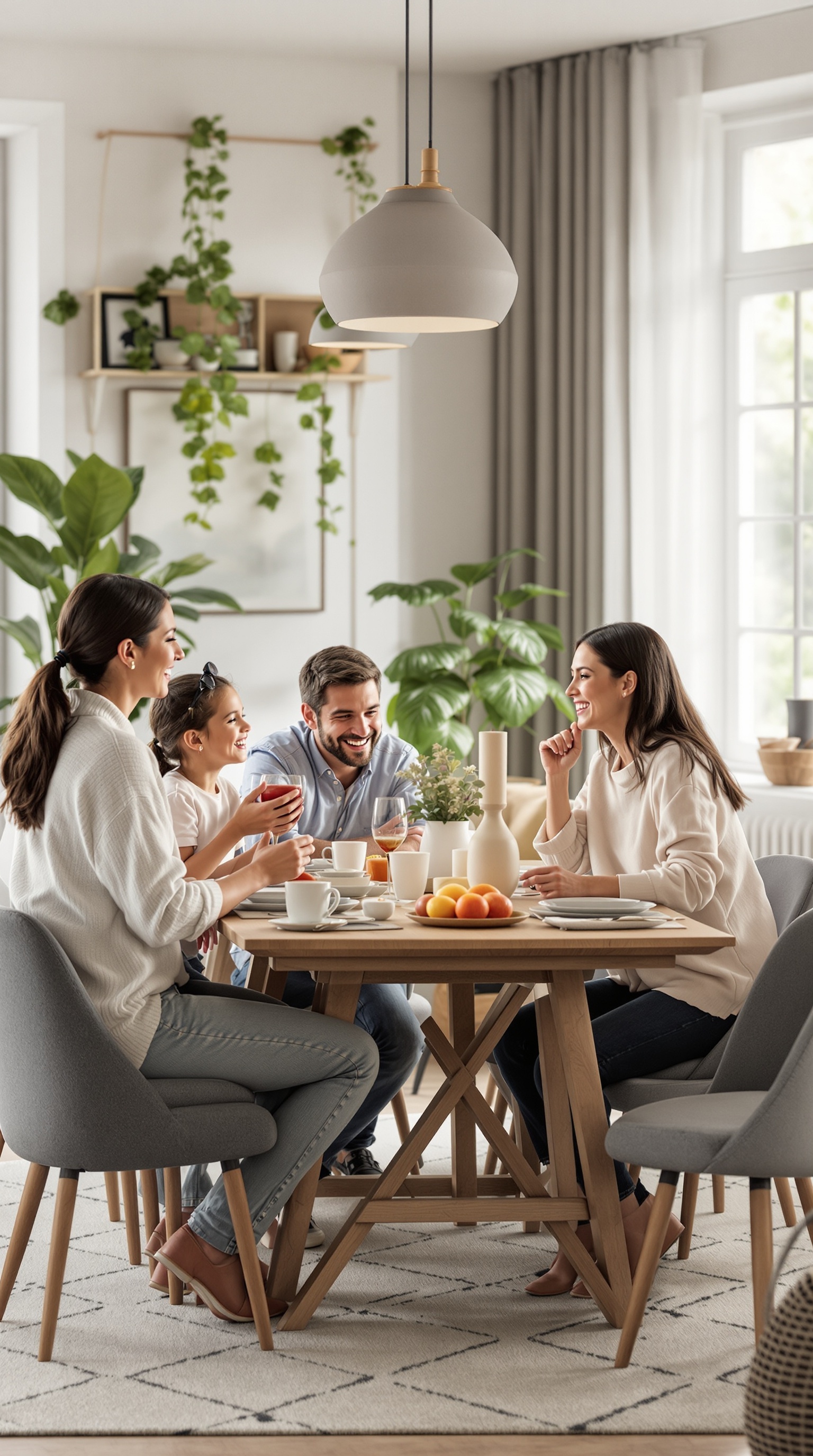 A family enjoying dinner together at a cozy table, filled with food and drinks, surrounded by plants.