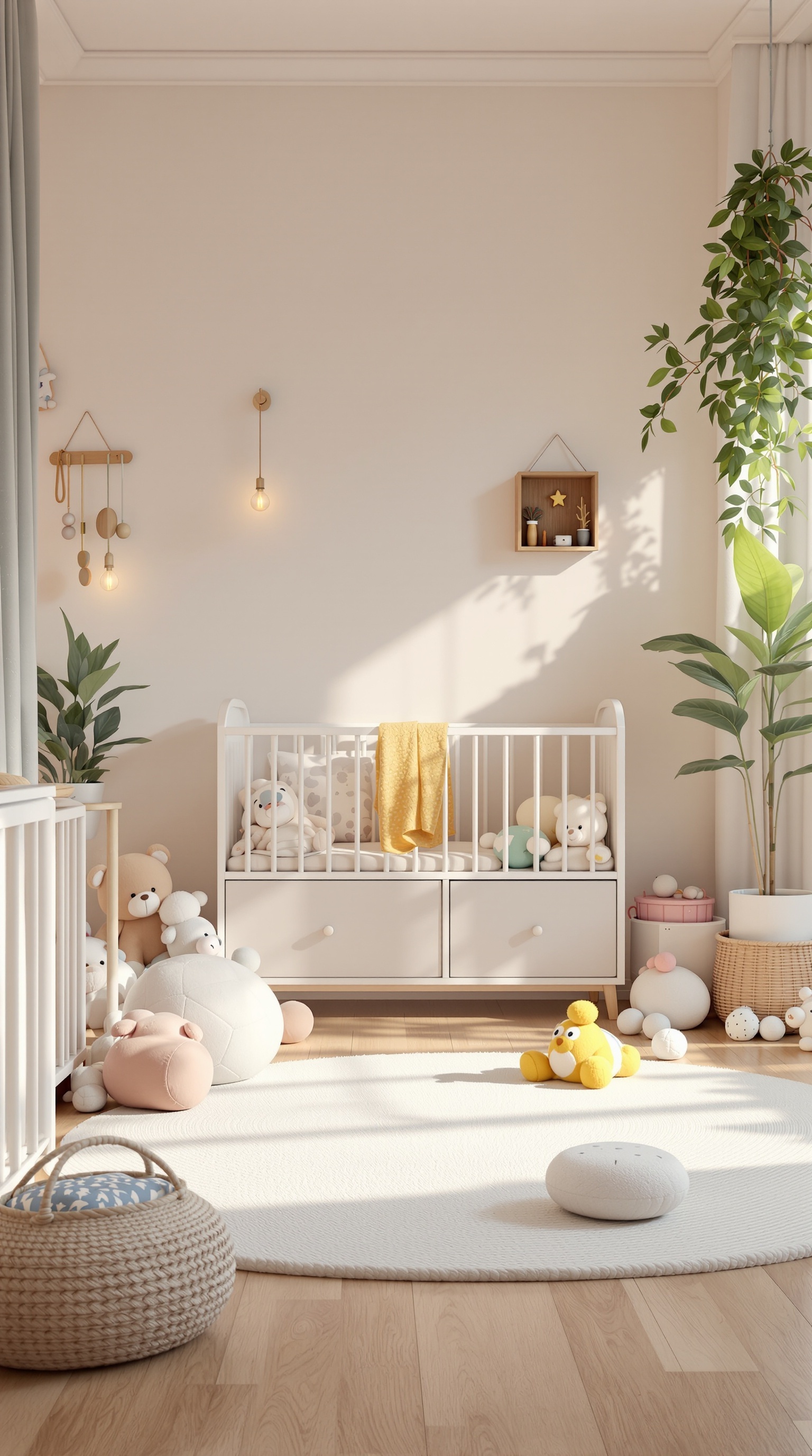 A cozy baby room with a crib, soft toys, and a round rug, creating an inviting play area.